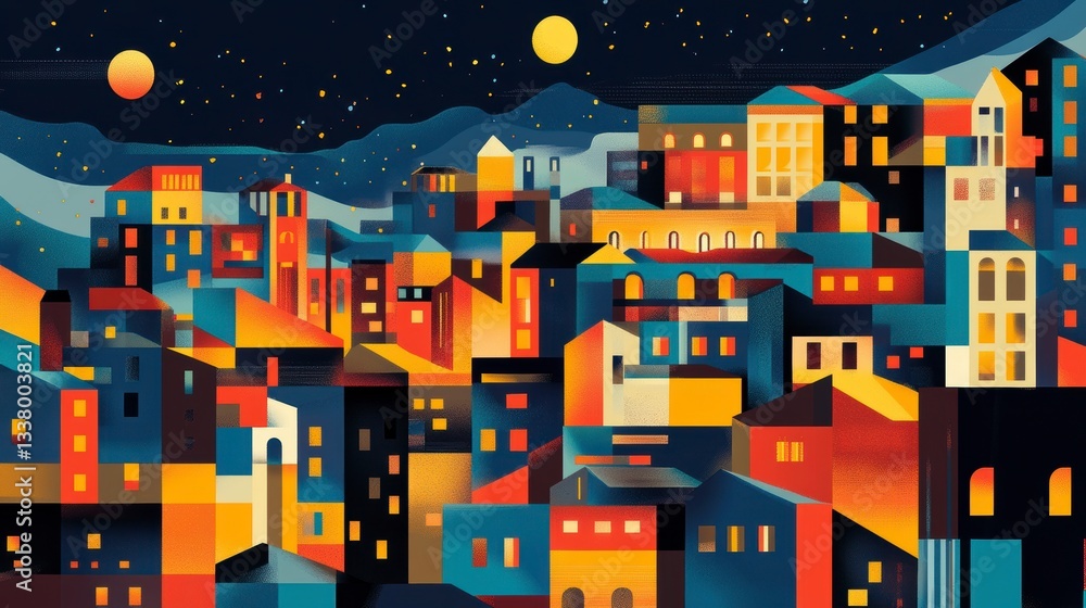 Nightfall in a Geometric Cityscape A Vibrant Illustration of Urban Architecture under the Stars Nightfall in a Geometric Cityscape A Vibrant Illustration of Urban Architecture under the Stars