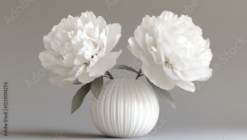 Fototapeta Naklejka Na Ścianę i Meble -  Elegant white peonies in a textured round vase on a neutral background.