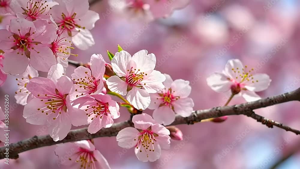 Delicate pink cherry blossoms in full bloom on a sunny day, enhancing the serene garden atmosphere Delicate pink cherry blossoms in full bloom on a sunny day, enhancing the serene garden atmosphere