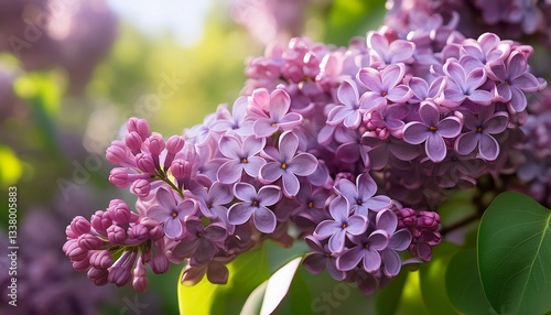 Close-up of vibrant lilac flowers in full bloom with delicate petals and lush green leaves. A beautiful floral background perfect for spring themes, nature concepts, and romantic designs.
