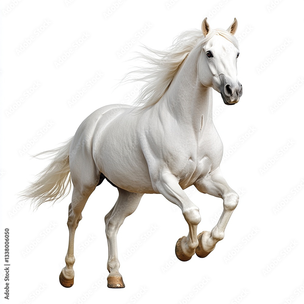 Fototapeta premium A majestic white stallion trotting, silky mane flowing, studio lighting, dynamic pose, white background 