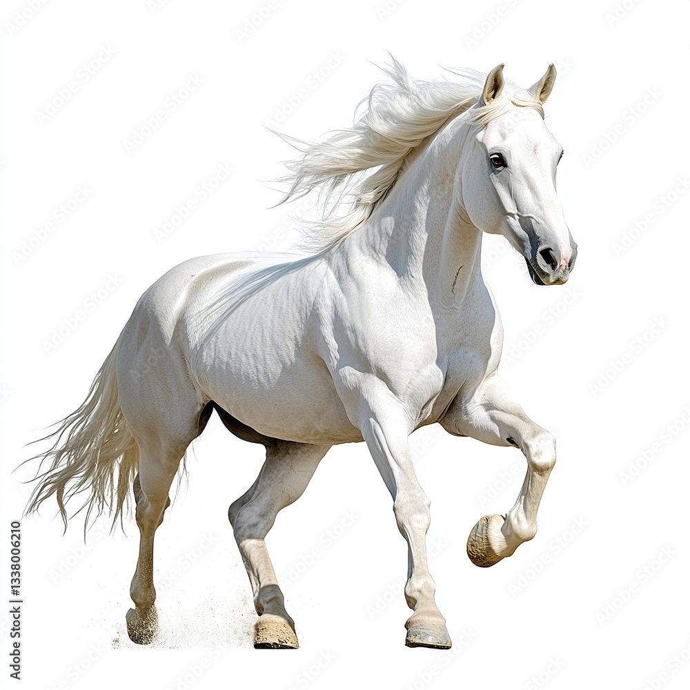 Obraz premium A majestic white stallion trotting, silky mane flowing, studio lighting, dynamic pose, white background