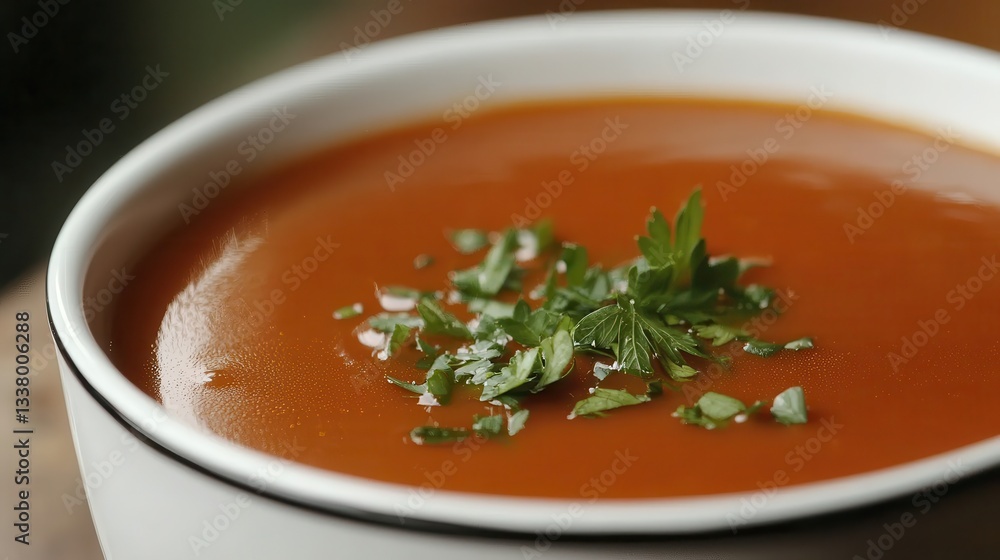 Delicious Red Soup in a Bowl Garnished with Fresh Herbs Delicious Red Soup in a Bowl Garnished with Fresh Herbs