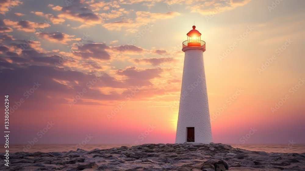 Serene Sunset Seascape with Illuminated Lighthouse Serene Sunset Seascape with Illuminated Lighthouse