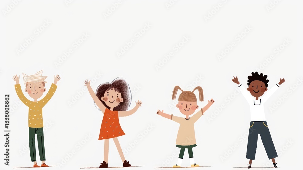 Happy children celebrating joy and diversity with raised arms in cheerful expressions, showcasing friendship and unity in a vibrant illustration Happy children celebrating joy and diversity with raised arms in cheerful expressions, showcasing friendship and unity in a vibrant illustration