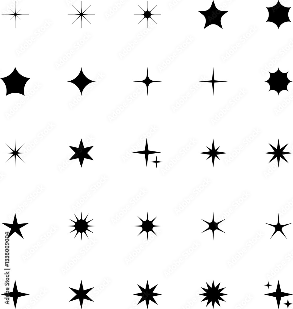 Minimalist silhouette stars icon set, twinkle shining star shape symbols, icons, elements. Modern geometric sparkle black silhouettes sign Minimalist silhouette stars icon set, twinkle shining star shape symbols, icons, elements. Modern geometric sparkle black silhouettes sign