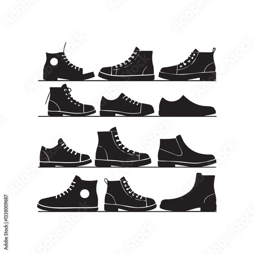 A vector illustration of black silhouettes of various shoe styles arranged in two horizontal rows against a white background.