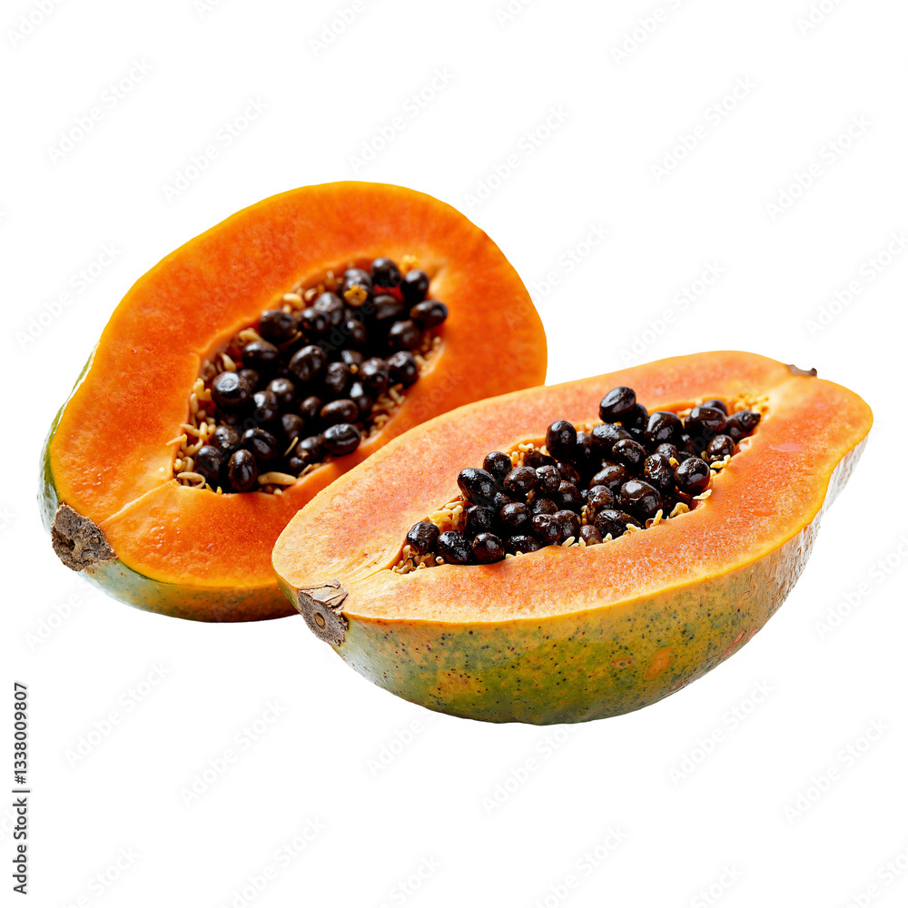 Sliced papaya showing vibrant orange flesh and black seeds, isolated on transparent background for culinary and health-related uses. Sliced papaya showing vibrant orange flesh and black seeds, isolated on transparent background for culinary and health-related uses.