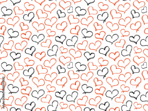 Seamless hearts pattern. Red and black color crayon stroke love symbols in doodle style. Ornament of hand drawn kid hearts elements. Graffiti colorful signs drawn by wax pencil. Vector illustration.