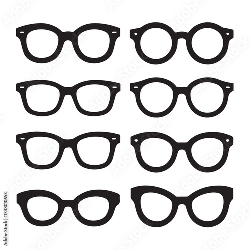 A vector illustration of eight different styles of eyeglasses silhouettes arranged in two horizontal rows.
