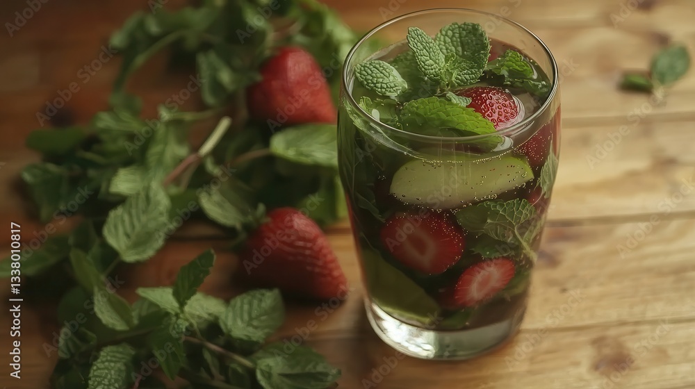 Refreshing Strawberry Mint Drink with Ice Cubes on Wooden Table Refreshing Strawberry Mint Drink with Ice Cubes on Wooden Table