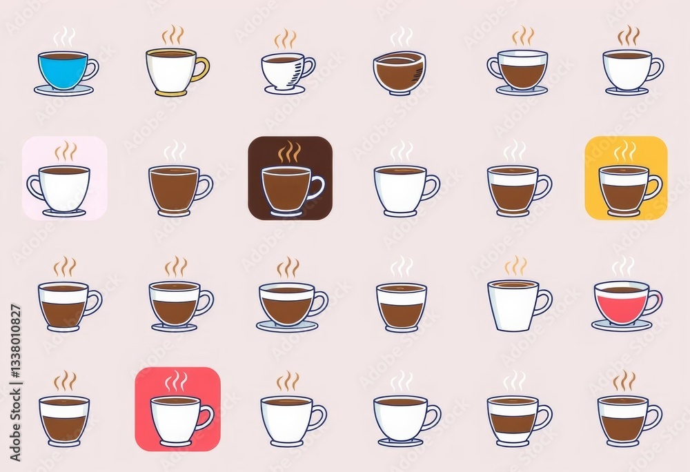 Obraz premium Set of linear coffee cup icons, various styles and sizes, vector illustration, linear, barista