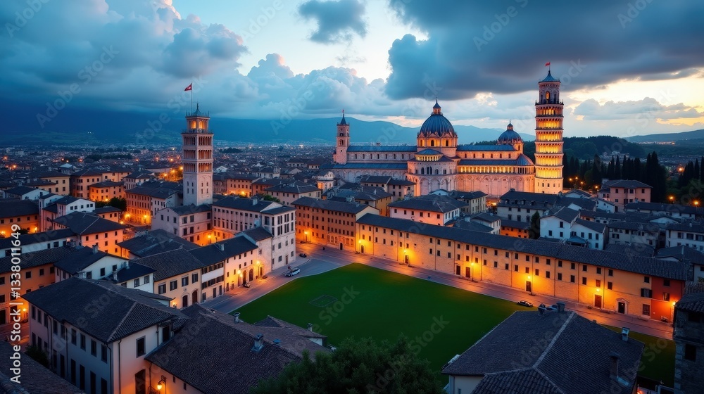 Fototapeta premium Pisa, Italy, at dusk with a partly cloudy sky, viewed from a panoramic perspective. Historic architecture and the Leaning Tower glow in warm evening light, creating a serene ambiance.