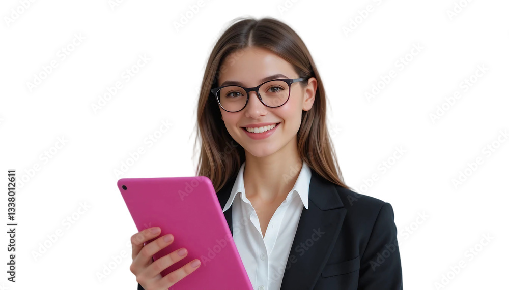 Portrait of a smiling young businesswoman wearing black blazer and holding a tablet with both hands isolated on white background. Suitable for marketing or business purposes. PNG file Portrait of a smiling young businesswoman wearing black blazer and holding a tablet with both hands isolated on white background. Suitable for marketing or business purposes. PNG file