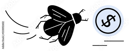 Black fly heading toward a coin embossed with a dollar sign, representing financial waste, hidden drains, or expenses. Ideal for finance, budget planning, consumer awareness, debt, economy small