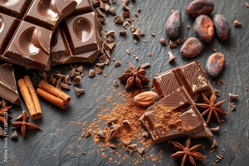 Exquisite handmade artisan chocolate selection with cocoa beans on a chic grey background