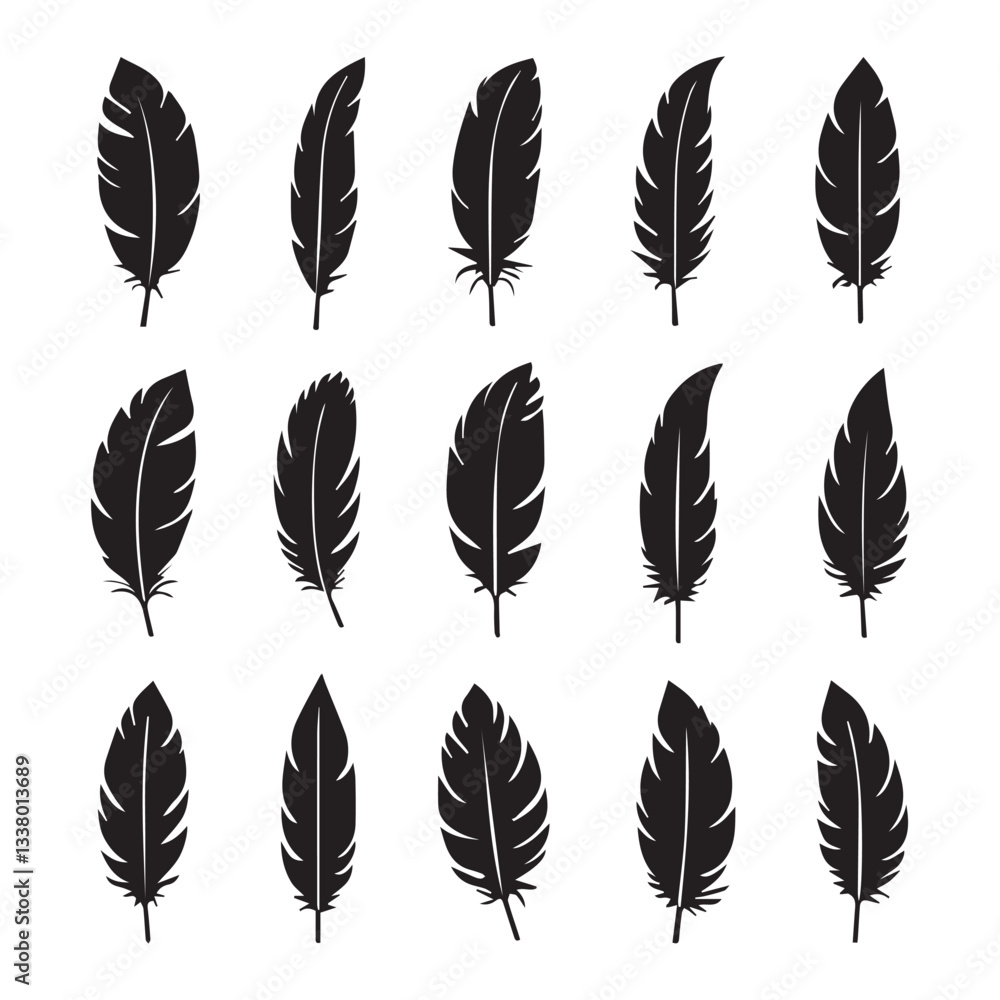 A vector illustration of a pattern of black feather silhouettes arranged in a horizontal layout. A vector illustration of a pattern of black feather silhouettes arranged in a horizontal layout.