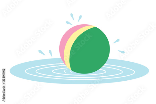 Fun games in spring or summer rain. Rubber ball fell into  puddle after  rain. Spray is flying in all directions. Green, blue, yellow, pink colors. One icon isolated on  white background.