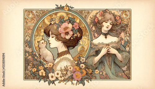 A decorative painting of a cat and a woman, generated by AI.