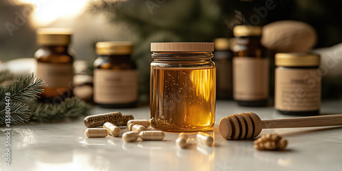 A rustic glass jar of honey with herbal supplement capsules and bottles in the background, symbolizing natural healing and organic remedies.  