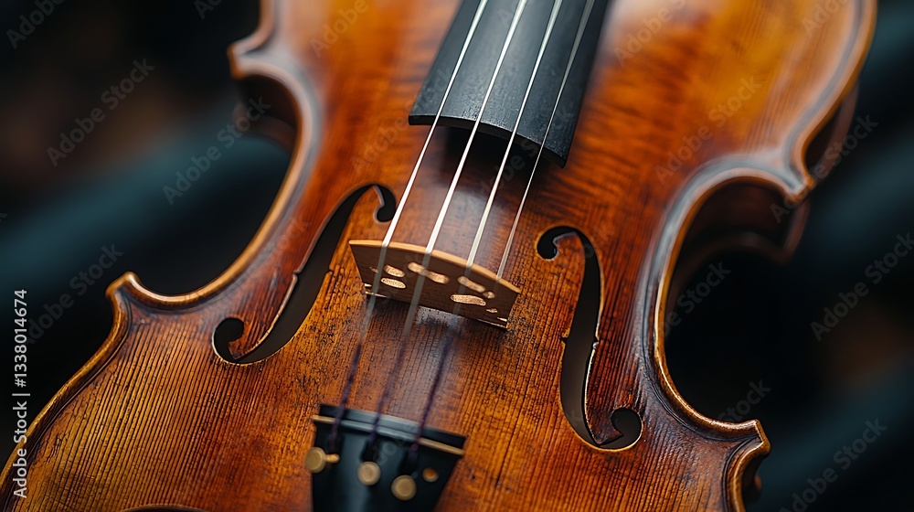 Fototapeta premium Exquisite Antique Violin Close Up Rich Wood Grain Detailed Strings Musical Instrument