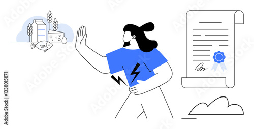 Woman holding her stomach, gesturing rejection toward dairy products including milk, cheese, and fish. Official document signifies legal, health, or dietary certification. Ideal for food intolerance