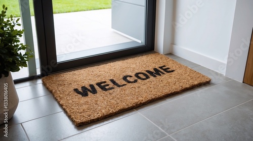 Welcome doormat placed outside house entrance door. Brown natural coir doormat with the word Welcome printed on it, positioned near modern glass entrance door 