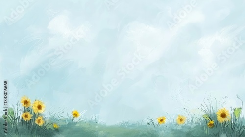 Serene Meadow with Yellow Flowers Under a Pale Sky