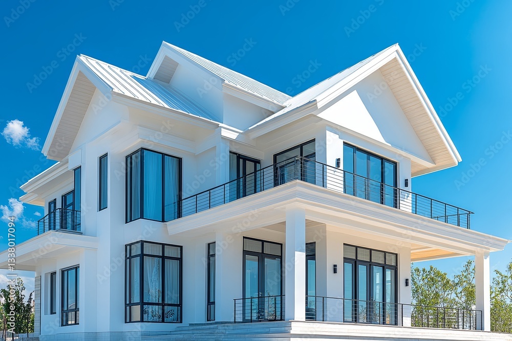 Modern single-family home under a clear blue sky, symbolizing new construction and real estate development, with copy space for text on the left. Modern single-family home under a clear blue sky, symbolizing new construction and real estate development, with copy space for text on the left.