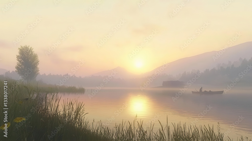 Fototapeta premium Serene Sunrise Over Calm Lake with Lone Boat