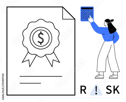 Document with dollar badge, person calculating on a blue calculator, and highlighted warning in RISK. Ideal for finance, accounting, auditing, investment, insurance, decision-making flat simple