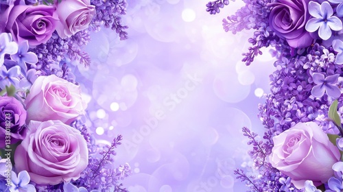 A beautiful purple floral background showcasing a mix of lilacs and purple roses, ideal for romantic themes in event designs or digital art.
