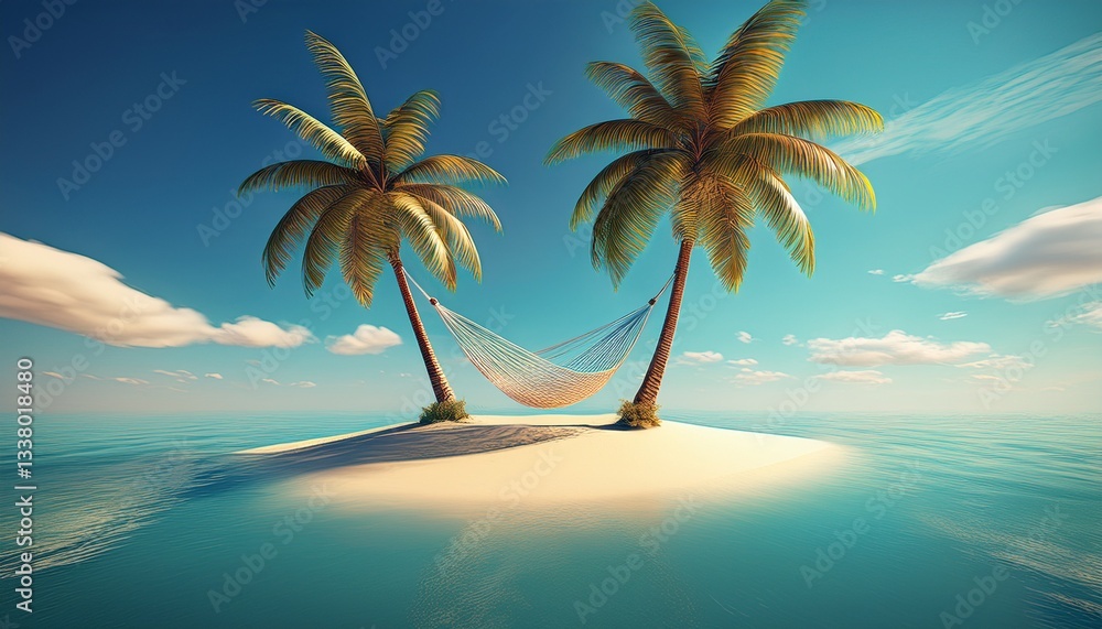 Fototapeta premium Smooth 3D render of a tiny tropical island with two swaying palm trees and a hammock strung between them, surrounded by calm turquoise water, soft lighting, and gentle shadows.