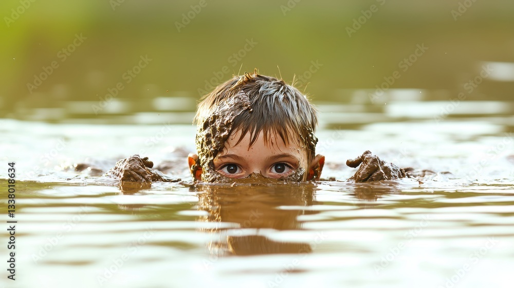 Fototapeta premium A boy emerging from the swamp, covered in mud with just its head and eyes visible above the water, creating a mysterious scene, with copy space.