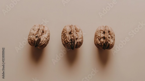 Three Walnuts in a Row on a Neutral Background