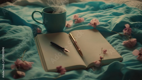 Morning Coffee Notebook Pens and Flowers on Bed