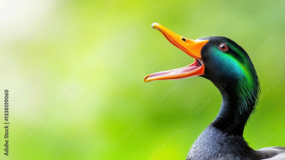 Fototapeta premium A close-up of a duck's bright, colorful beak against a blurred green background, with copy space.
