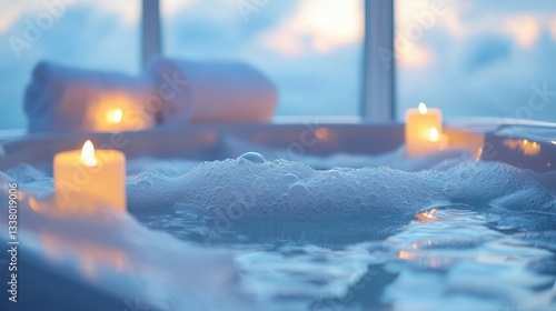 Tranquil Bubble Bath with Candles at Sunset