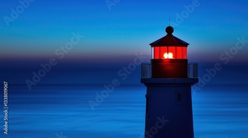 Illuminated Lighthouse Tower at Dusk Over Calm Ocean