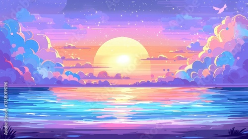 Pastel Sunset over Calm Ocean with Fluffy Clouds