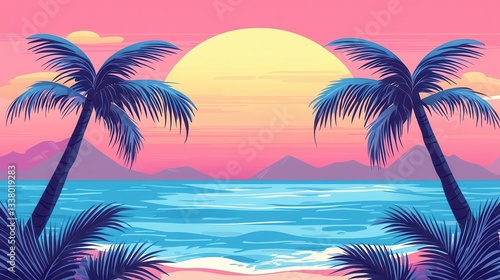 Tranquil Sunset over Ocean with Palm Trees