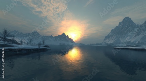 Serene Sunset over Snowy Mountains and Tranquil Lake