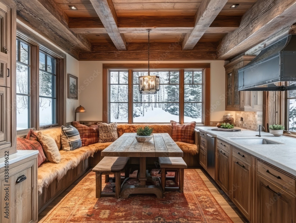 Rustic wooden kitchen dining area with winter outside the windows Rustic wooden kitchen dining area with winter outside the windows