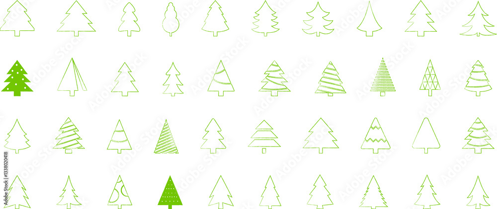 Christmas Tree simple line icons set. Christmas Tree with star thin line icons set. Linear fir, pine icon collection. New year holiday Simple contour xmas symbol isolated on white Christmas Tree simple line icons set. Christmas Tree with star thin line icons set. Linear fir, pine icon collection. New year holiday Simple contour xmas symbol isolated on white