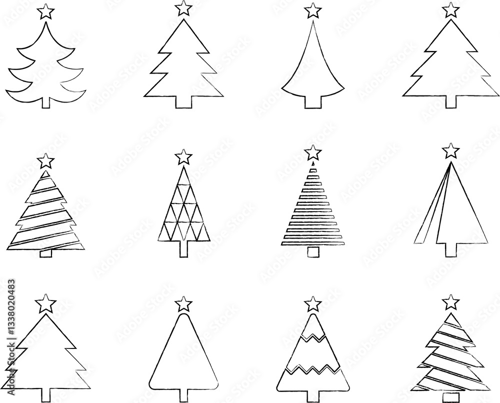 Christmas Tree simple line icons set. Christmas Tree with star thin line icons set. Linear fir, pine icon collection. New year holiday Simple contour xmas symbol isolated on white Christmas Tree simple line icons set. Christmas Tree with star thin line icons set. Linear fir, pine icon collection. New year holiday Simple contour xmas symbol isolated on white