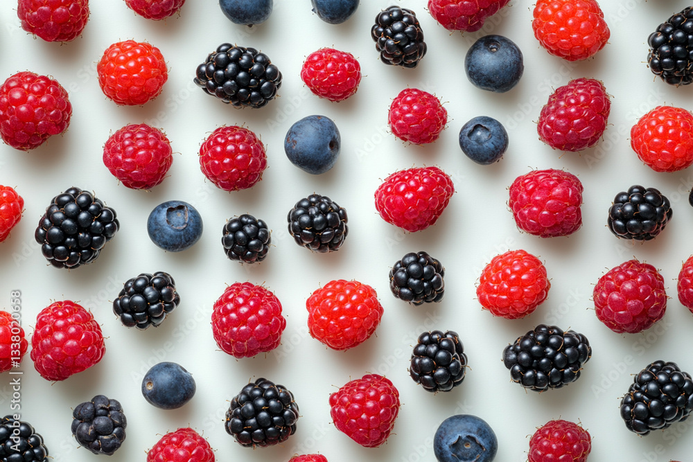 Fruits and berries isolated on white background, top view, flat lay Fruits and berries isolated on white background, top view, flat lay