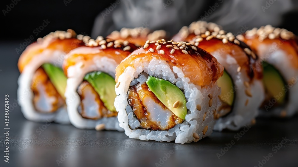 Delicious Sui Roll with Fresh Avocado and Salmon Served on Elegant Plate Delicious Sui Roll with Fresh Avocado and Salmon Served on Elegant Plate