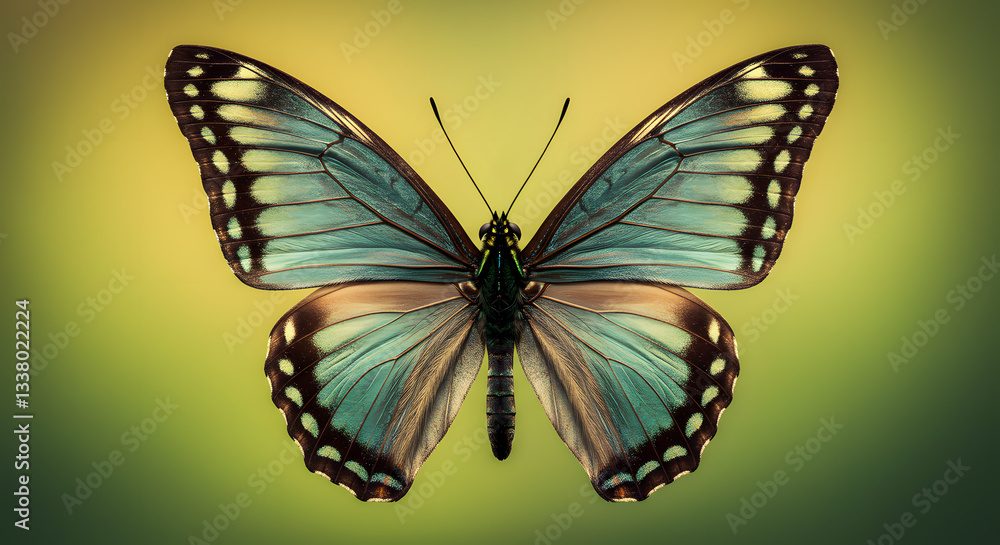 Fototapeta premium Detailed Blue Morpho Butterfly with Open Wings on Green Background