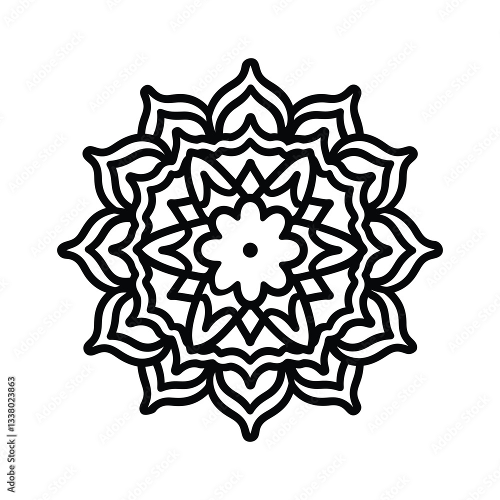 mandala design black line icon Intricate featuring floral patterns and circular shapes vector illustration. mandala design black line icon Intricate featuring floral patterns and circular shapes vector illustration.