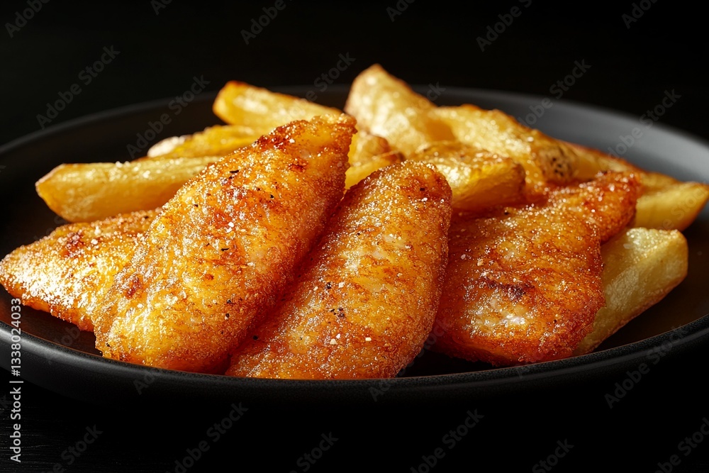 Crispy Fried Fish Fillet with Golden Brown French Fries on Black Plate Crispy Fried Fish Fillet with Golden Brown French Fries on Black Plate